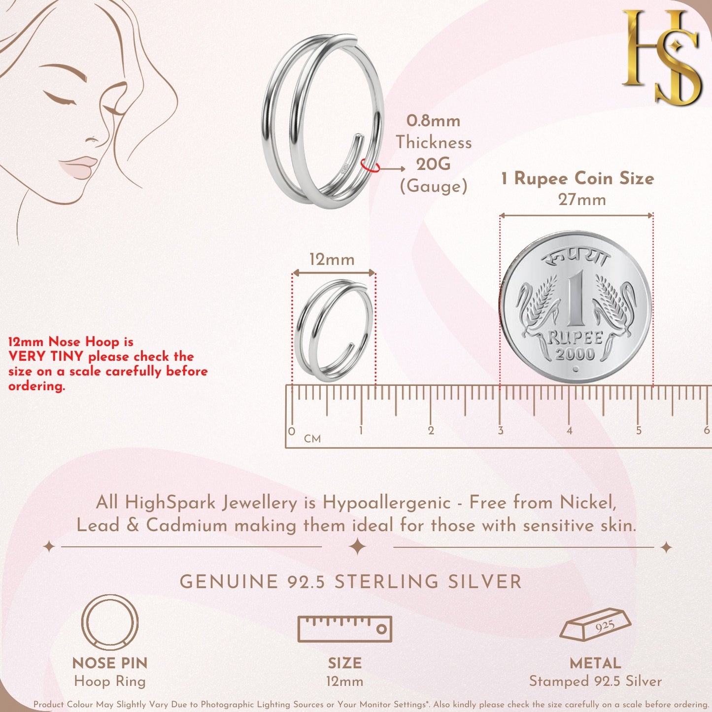 Double Line Nose Pine in 92.5 Sterling Silver for Women
