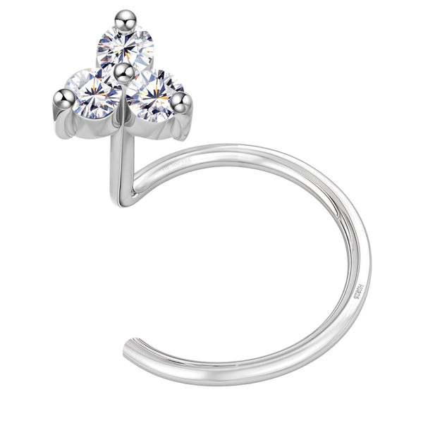 A sterling silver nose pin with a trefoil cluster of three round American diamonds in a prong setting, shown on a white background.