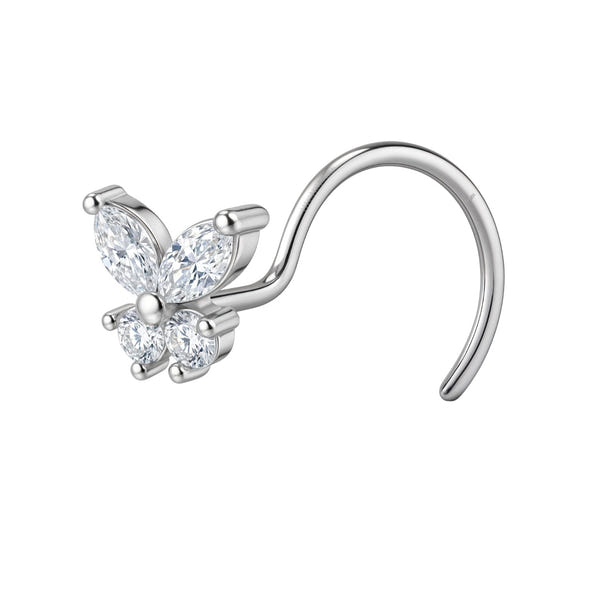 A sterling silver nose pin with a curved screw back, featuring a butterfly motif made of two marquise-cut and two round American diamonds.