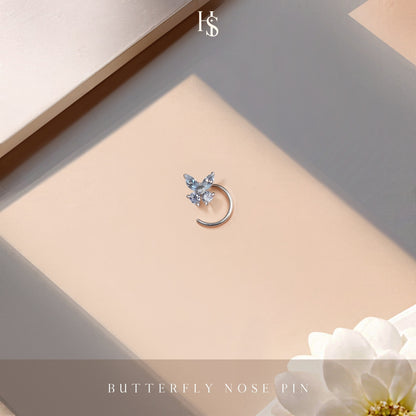 Butterfly Nose Pin in 92.5 Sterling Silver with Diamond like Brilliance Zirconia