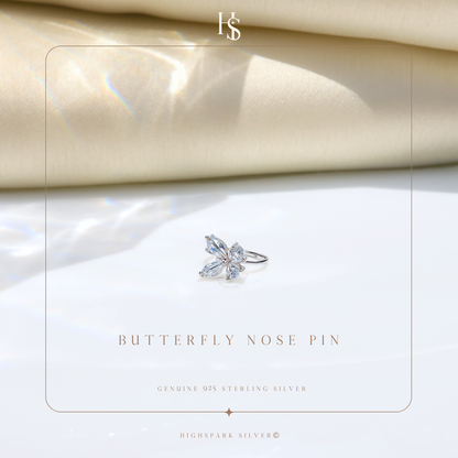 Butterfly Nose Pin in 92.5 Sterling Silver with Diamond like Brilliance Zirconia