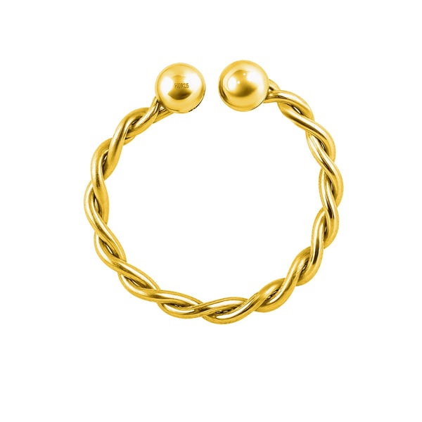A gold-plated sterling silver nose ring with a twisted rope design and two small ball ends, shown on a white background.