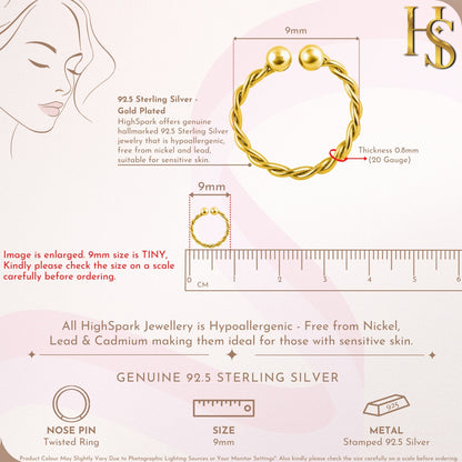 Twisted Nose Ring in 925 Sterling Silver with 18k Gold Finish For Women