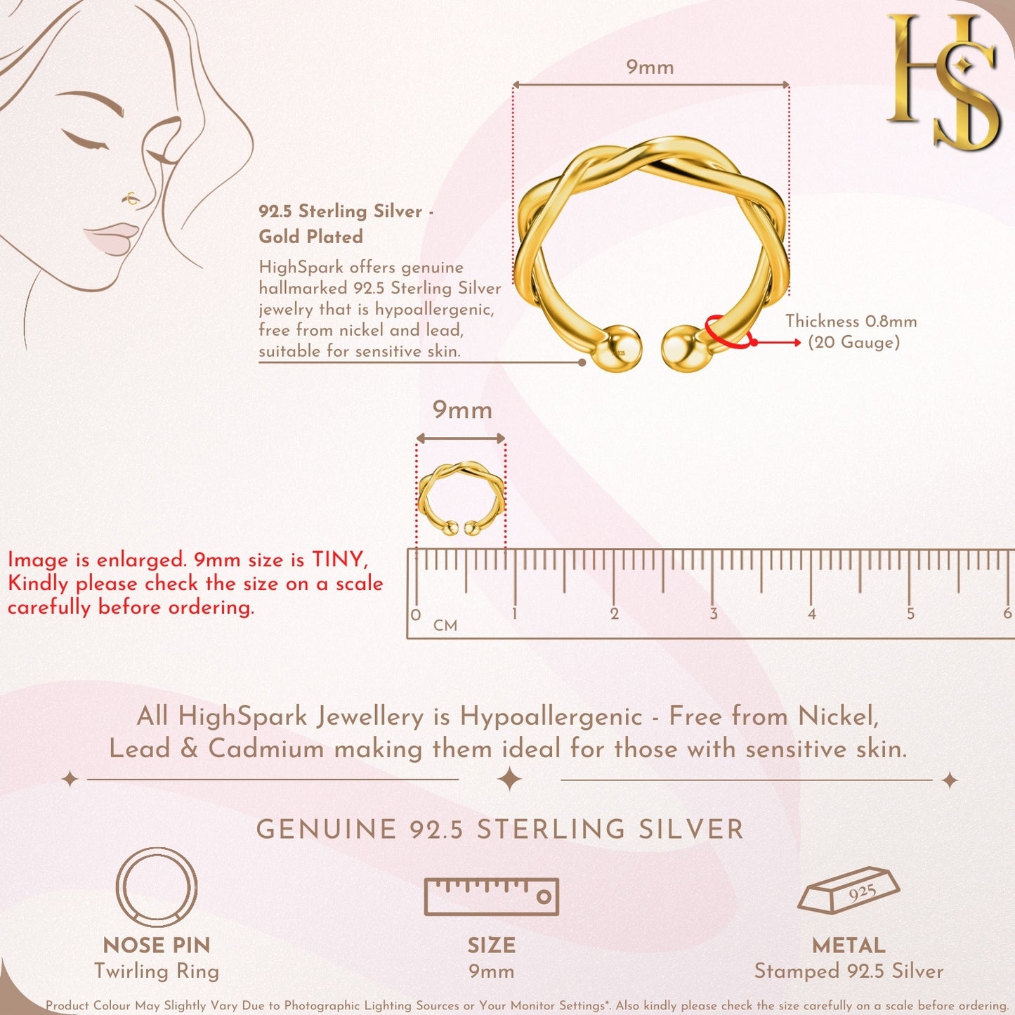 Twirling Nose Ring in 925 Sterling Silver with 18k Gold Finish For Women