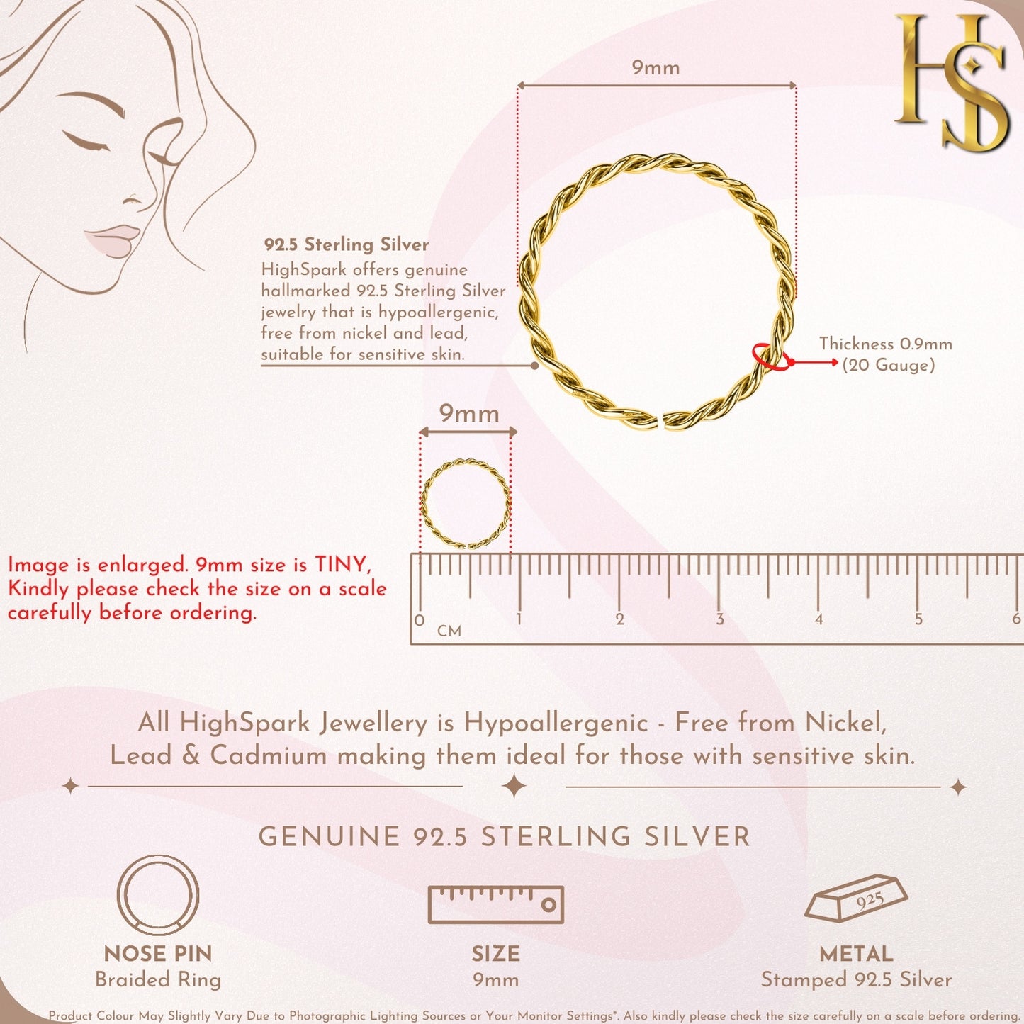 Braided Nose Ring in 925 Sterling Silver with 18k Gold Finish For Women