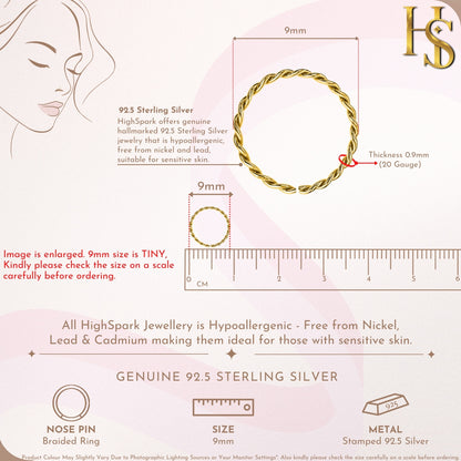 Braided Nose Ring in 925 Sterling Silver with 18k Gold Finish For Women