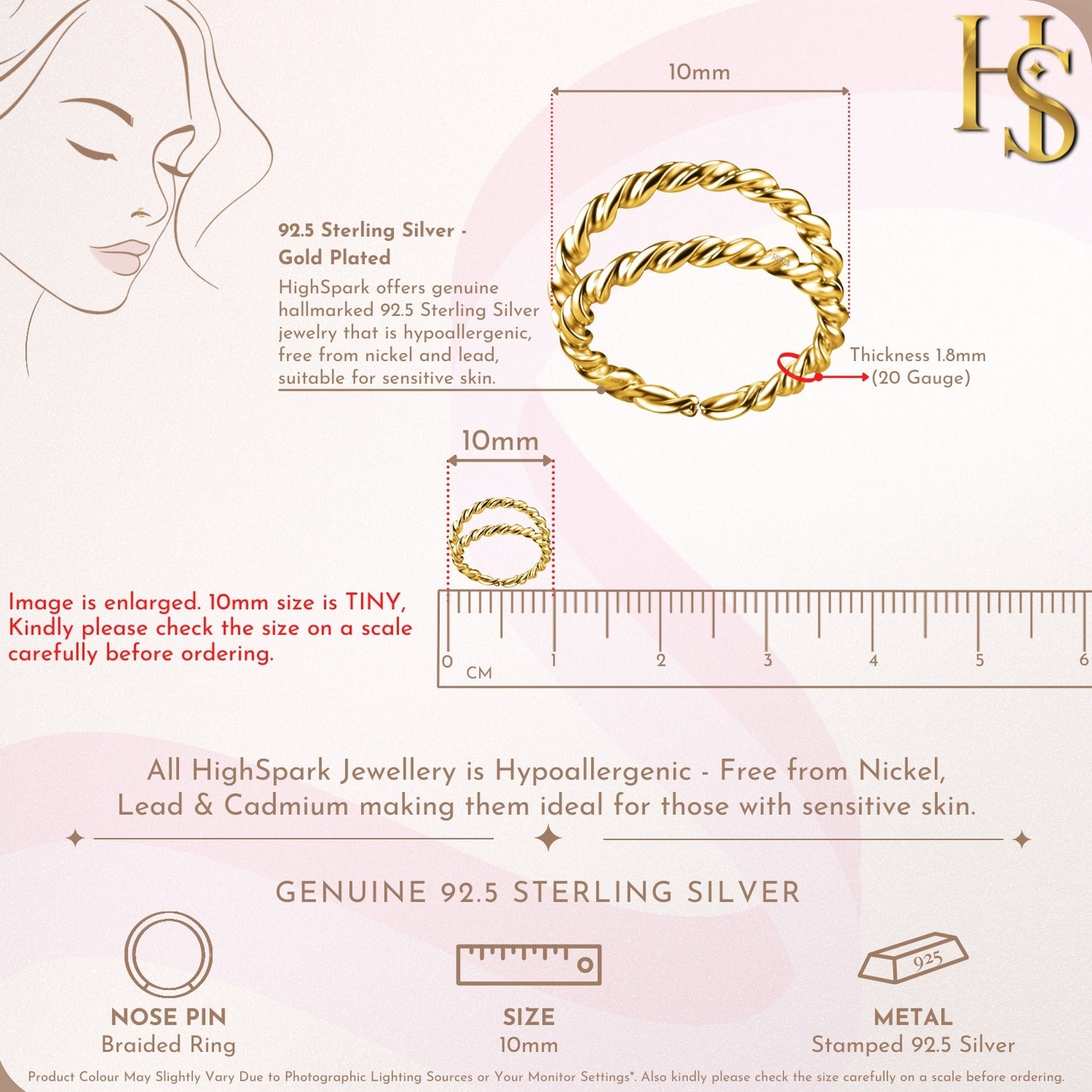 Double Braided Nose Ring in 925 Sterling Silver with 18k Gold Finish For Women