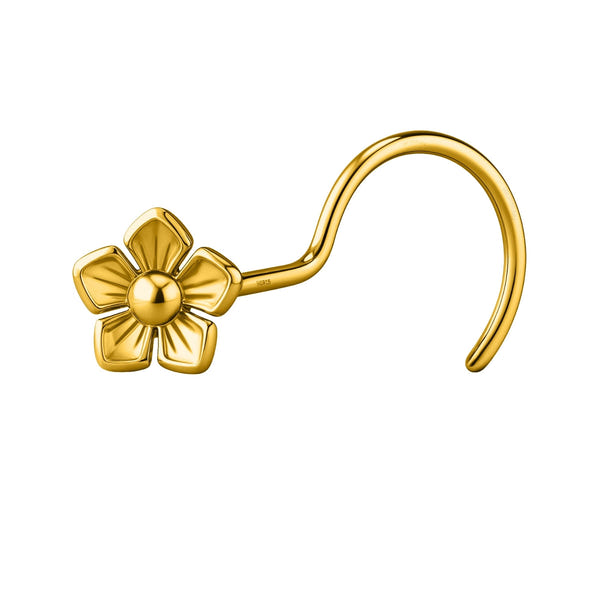 A five-petal flower nose ring with a curved post, crafted in gold-plated sterling silver and shown on a white background.