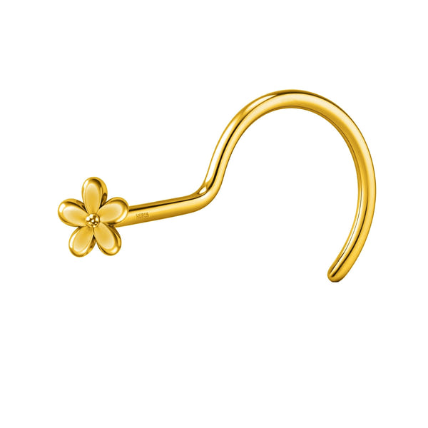 A gold-plated sterling silver nose ring with a screw back, featuring a small five-petal daisy motif, shown on a white background.