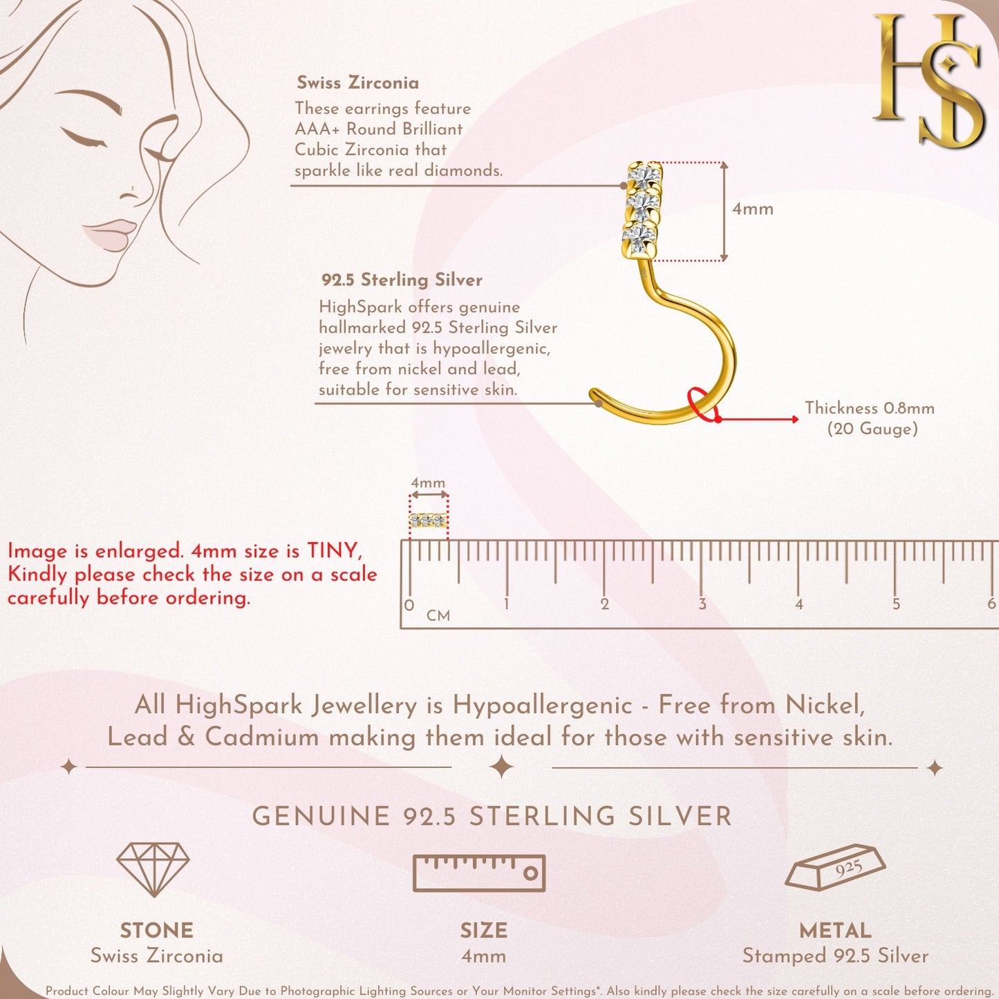 Triple Solitaire Nose Pin in 925 Sterling Silver with 18k Gold Finish For Women