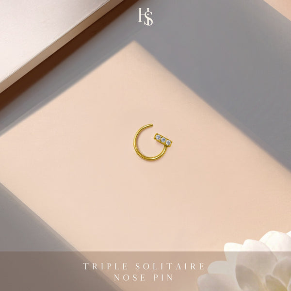 Triple Solitaire Nose Pin in 925 Sterling Silver with 18k Gold Finish For Women