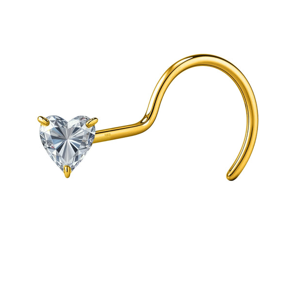 A gold-plated sterling silver nose pin with a heart-shaped American diamond in a three-prong setting and a curved screw back.
