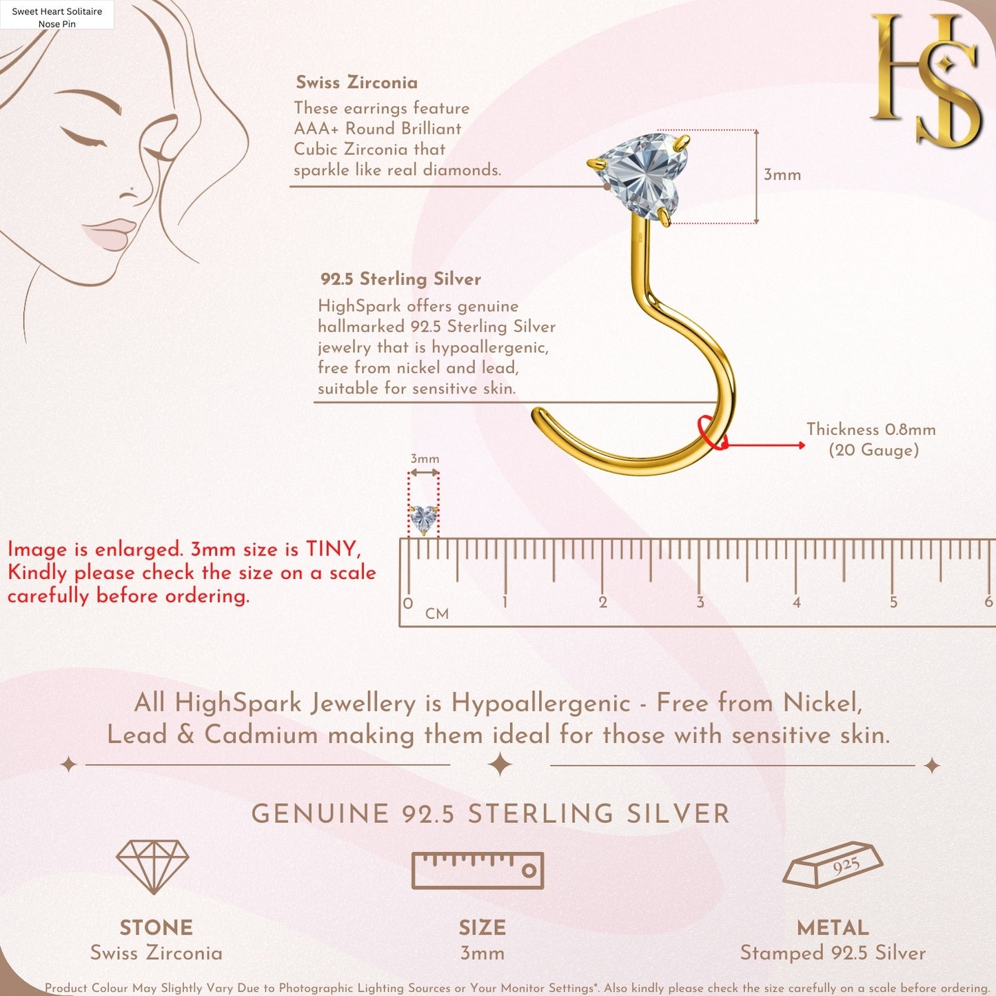 Sweet Heart Solitaire Nose Pin in 925 Sterling Silver with 18k Gold Finish For Women