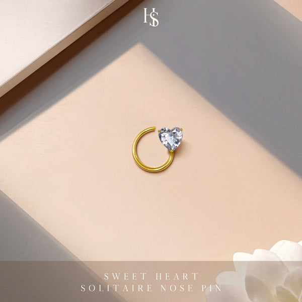 Sweet Heart Solitaire Nose Pin in 925 Sterling Silver with 18k Gold Finish For Women