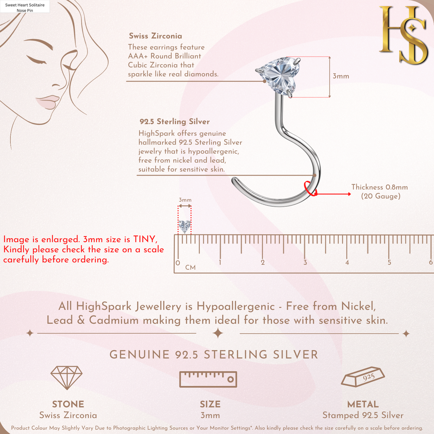 Sweet Heart Solitaire Nose Pin in 925 Sterling Silver For Women