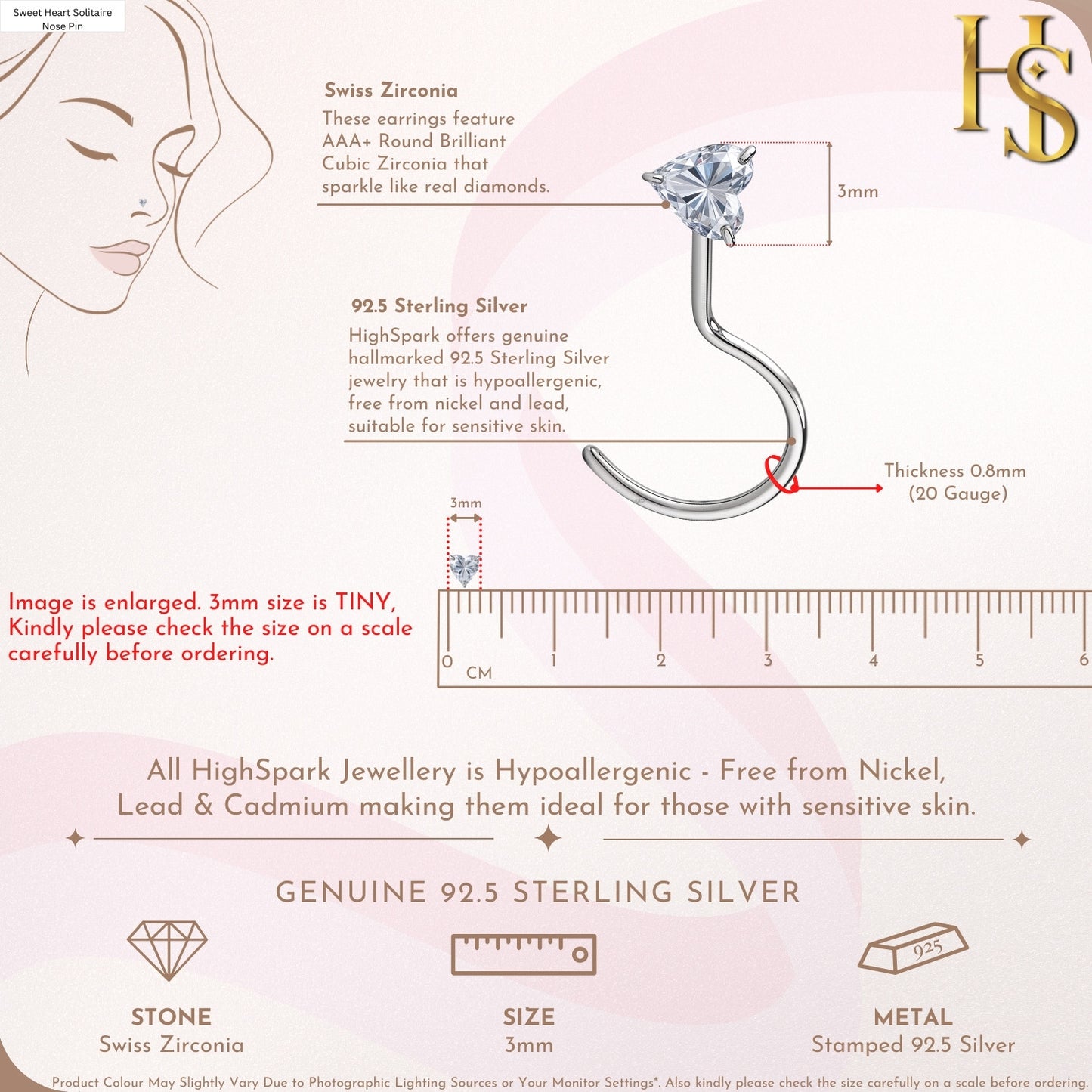 Sweet Heart Solitaire Nose Pin in 925 Sterling Silver For Women