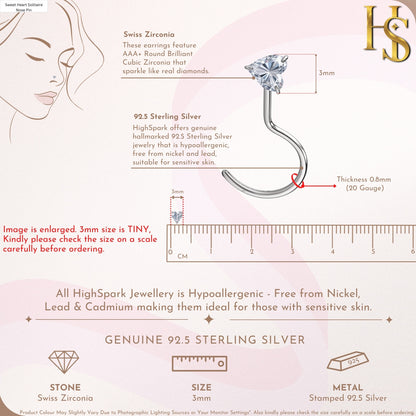 Sweet Heart Solitaire Nose Pin in 925 Sterling Silver For Women