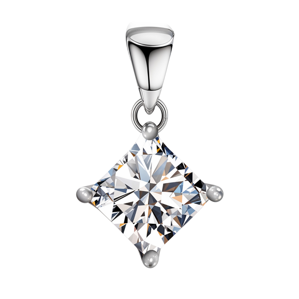 A solitaire pendant with a princess-cut American diamond in a four-prong setting, crafted from sterling silver on a white background.