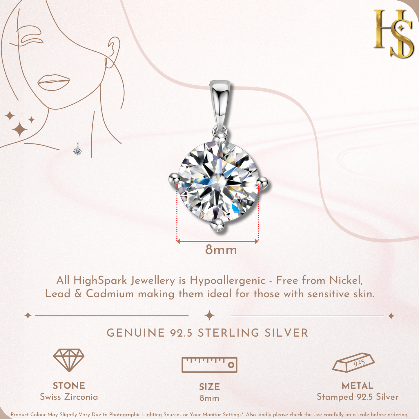 Classic Solitaire Pendant in 92.5 Sterling Silver With Diamond like Brilliance Zirconia- 8mm