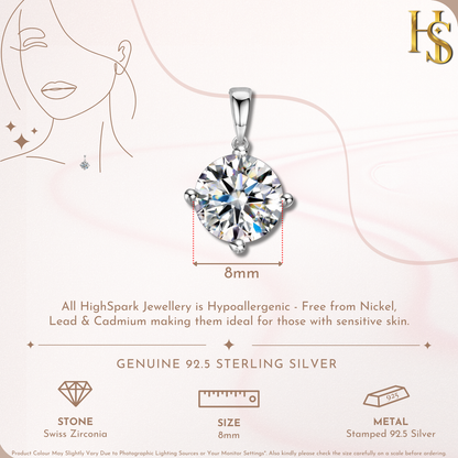 Classic Solitaire Pendant in 92.5 Sterling Silver With Diamond like Brilliance Zirconia- 8mm