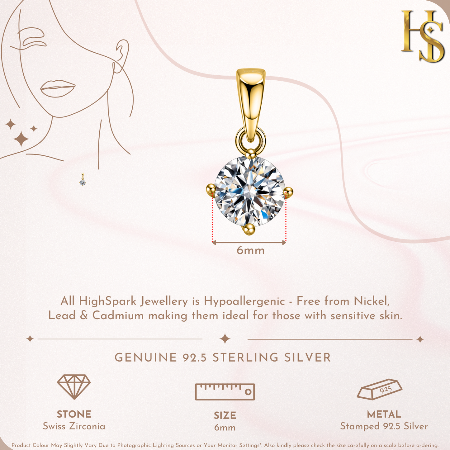 Solitaire Pendant with Chain in 92.5 Silver embellished with Sparkling Zirconia - 18K Gold finish - 6MM