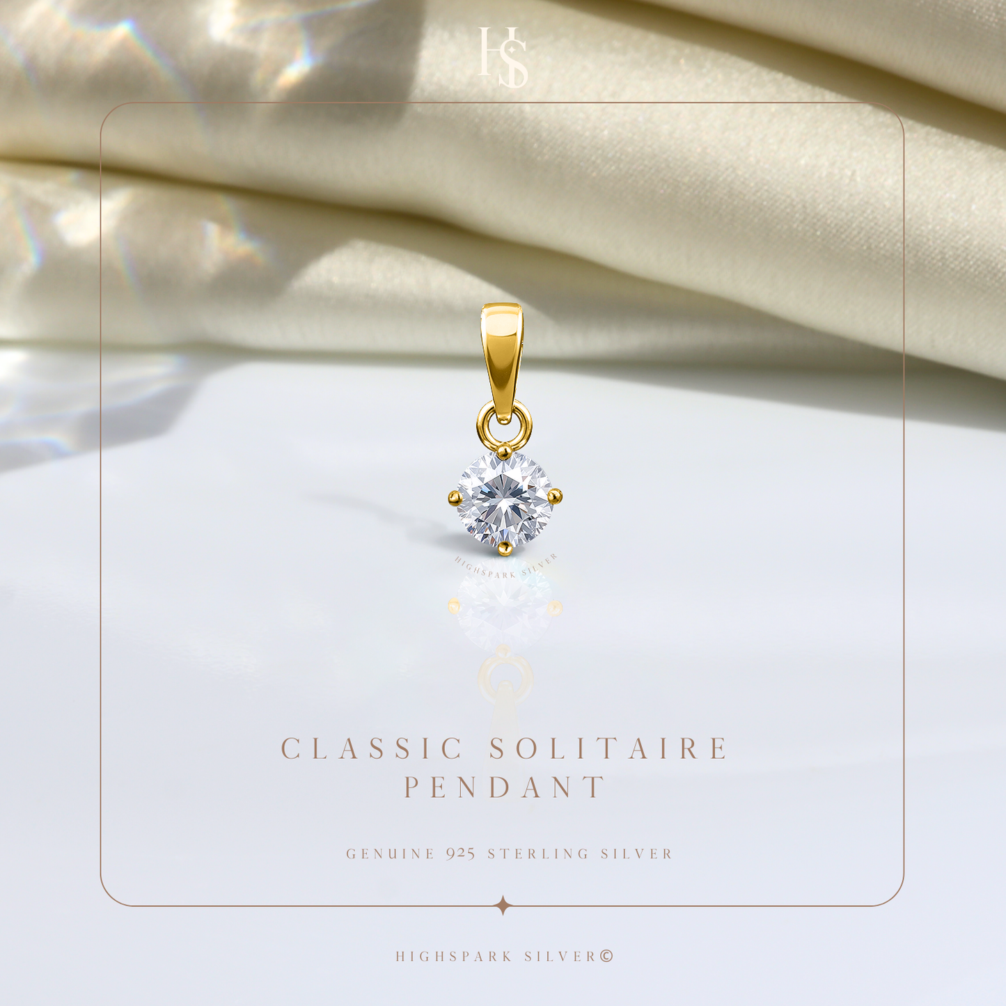 Solitaire Pendant with Chain in 92.5 Silver embellished with Sparkling Zirconia - 18K Gold finish - 6MM
