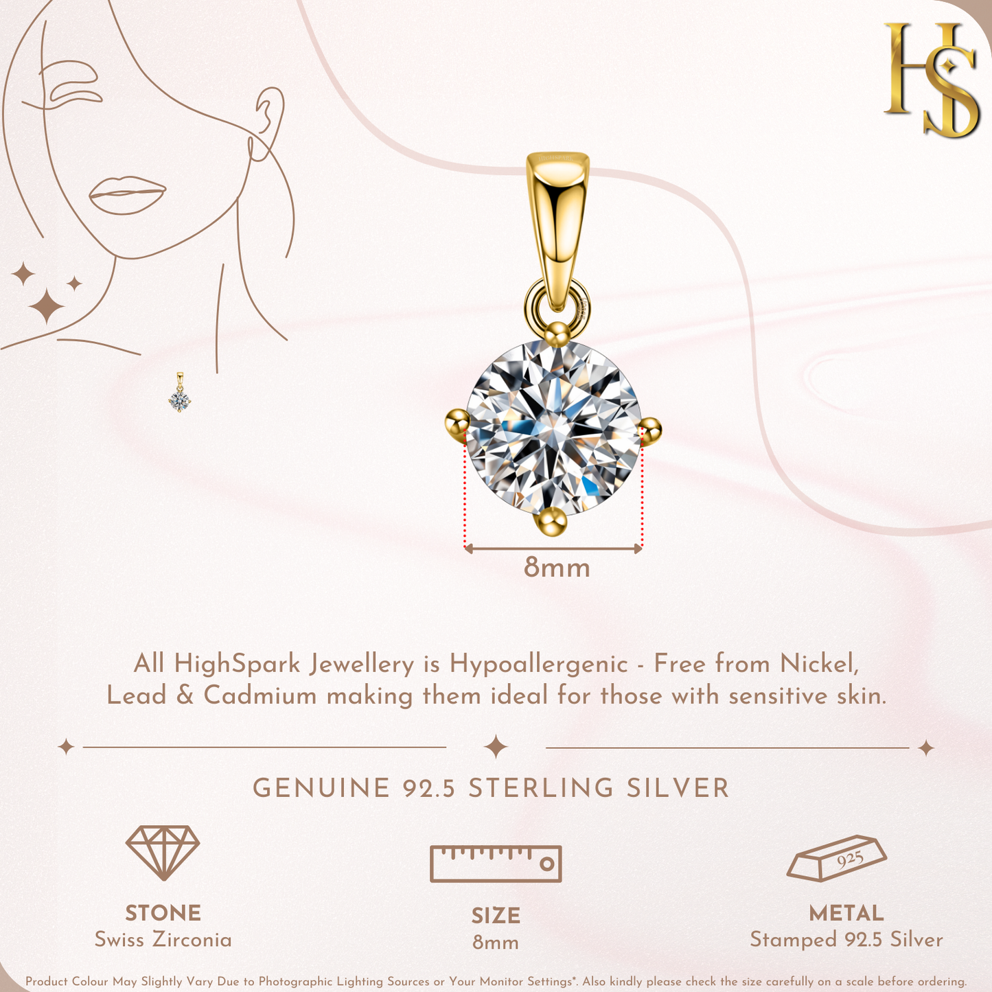 Solitaire Pendant with Chain in 92.5 Silver embellished with Sparkling Zirconia - 18K Gold finish - 8MM