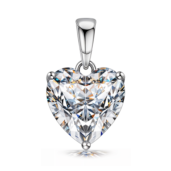 A solitaire pendant with a large, heart-shaped American diamond in a three-prong setting, made of sterling silver on a white background.