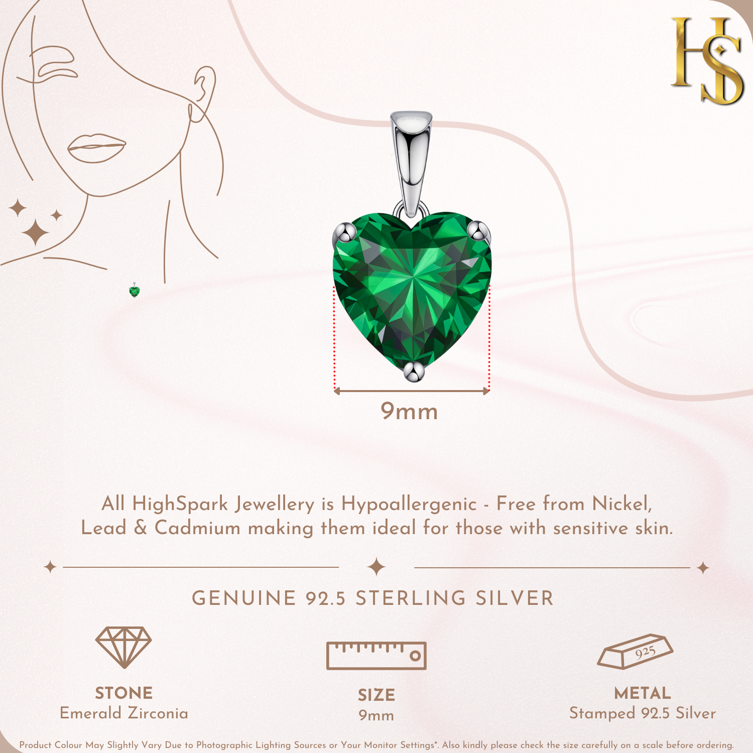 Emerald Green Heart Solitaire Pendant with Chain in 92.5 Silver embellished with Sparkling Zirconia HighSpark