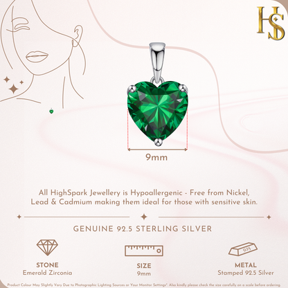 Emerald Green Heart Solitaire Pendant with Chain in 92.5 Silver embellished with Sparkling Zirconia HighSpark