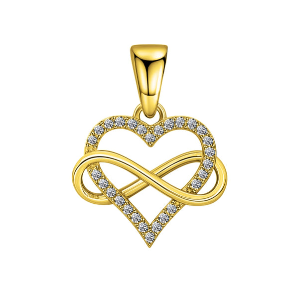 A gold-plated sterling silver pendant featuring a heart intertwined with an infinity symbol, pavé-set with American diamonds.