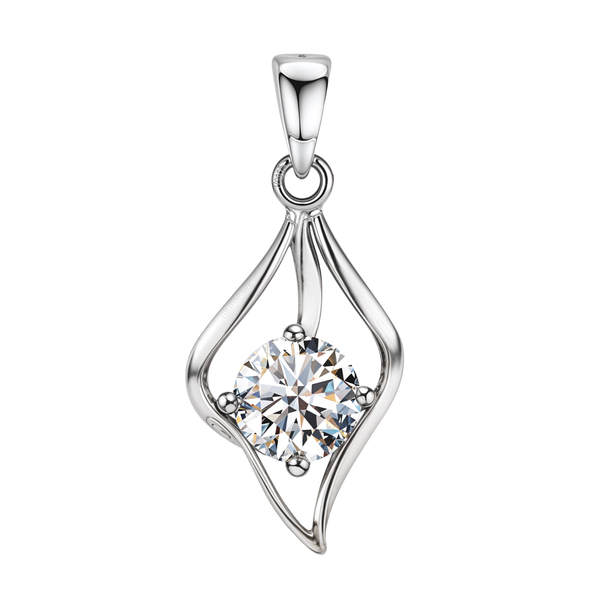 A sterling silver solitaire pendant with a round American diamond in a four-prong setting inside a twisted.