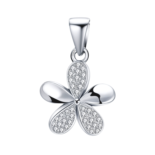 A sterling silver florel pendant in a five-petal flower design, with three petals pavé-set with American diamonds and two polished plain.