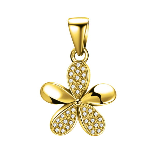 A gold-plated sterling silver pendant in a five-petal flower design, with three petals pavé-set with American diamonds.