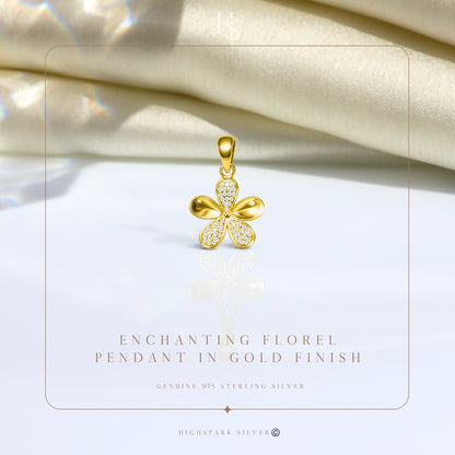 Enchanting Floral Pendant With Chain in 925 Sterling Silver in 18k Gold Finish For Women