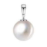 A classic pearl pendant featuring a large, lustrous white pearl attached to a polished sterling silver bail on a white background.