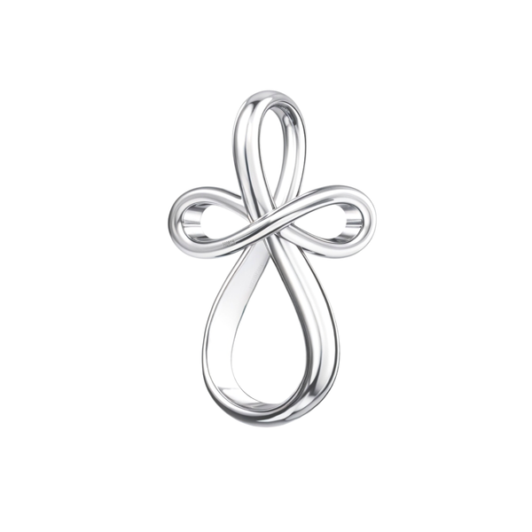 A sterling silver pendant designed as a cross with an infinity symbol forming the horizontal arms, shown on a white background.