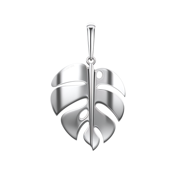 A sterling silver pendant in the shape of a Monstera leaf with a polished finish, shown on a white background.
