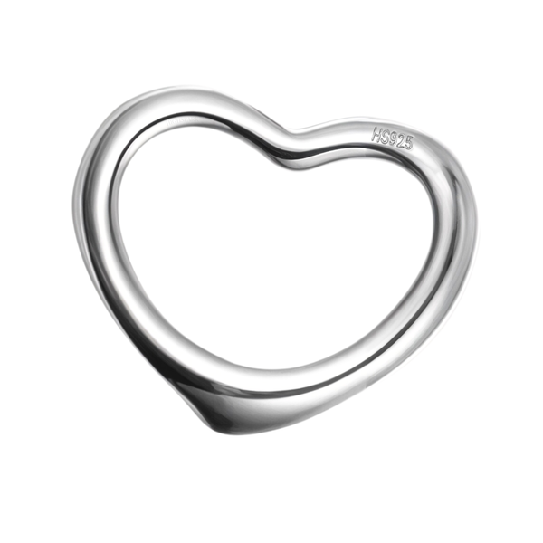 A hollow heart pendant with a fluid, asymmetrical shape in polished sterling silver, shown on a plain white background.