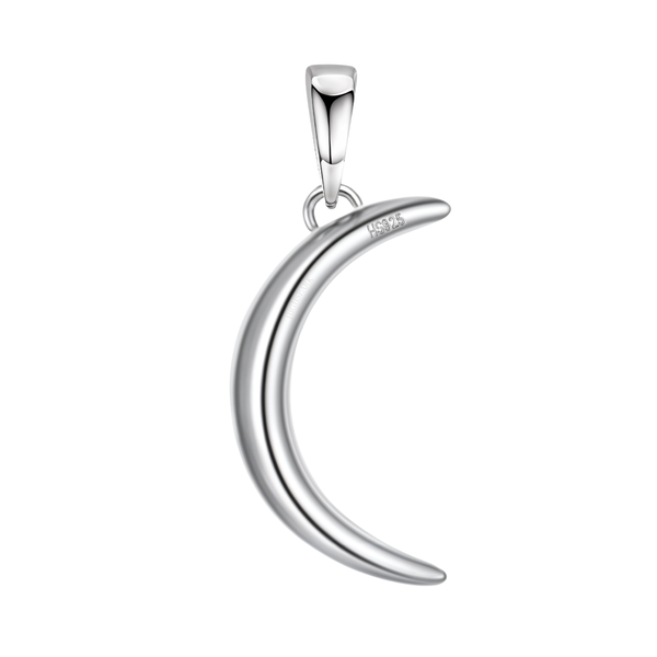 A minimalist crescent moon pendant with a smooth, polished finish, crafted from sterling silver and shown on a white background.