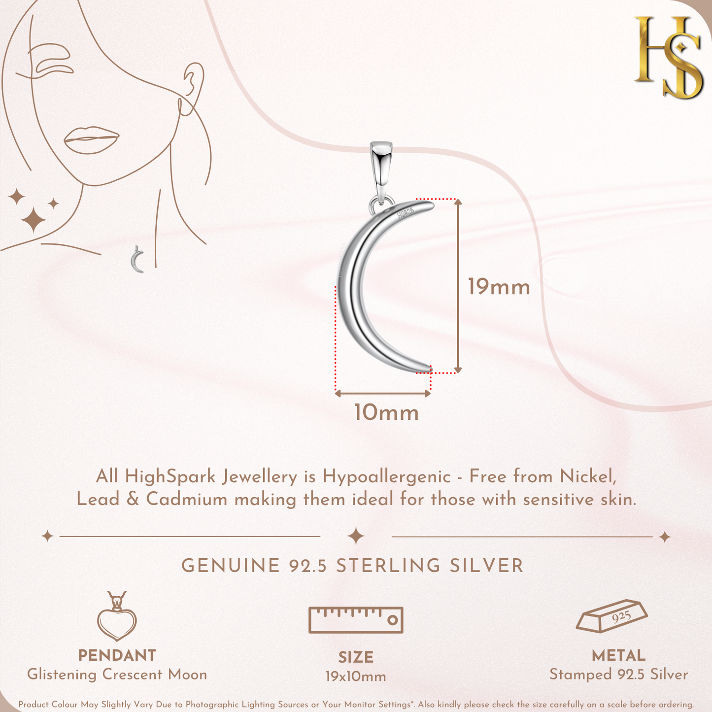 Crescent Moon Pendant Necklace in 92.5 Silver