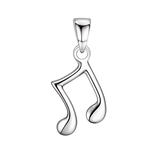 A sterling silver pendant shaped like a musical note with a high-polish finish, shown on a plain white background.