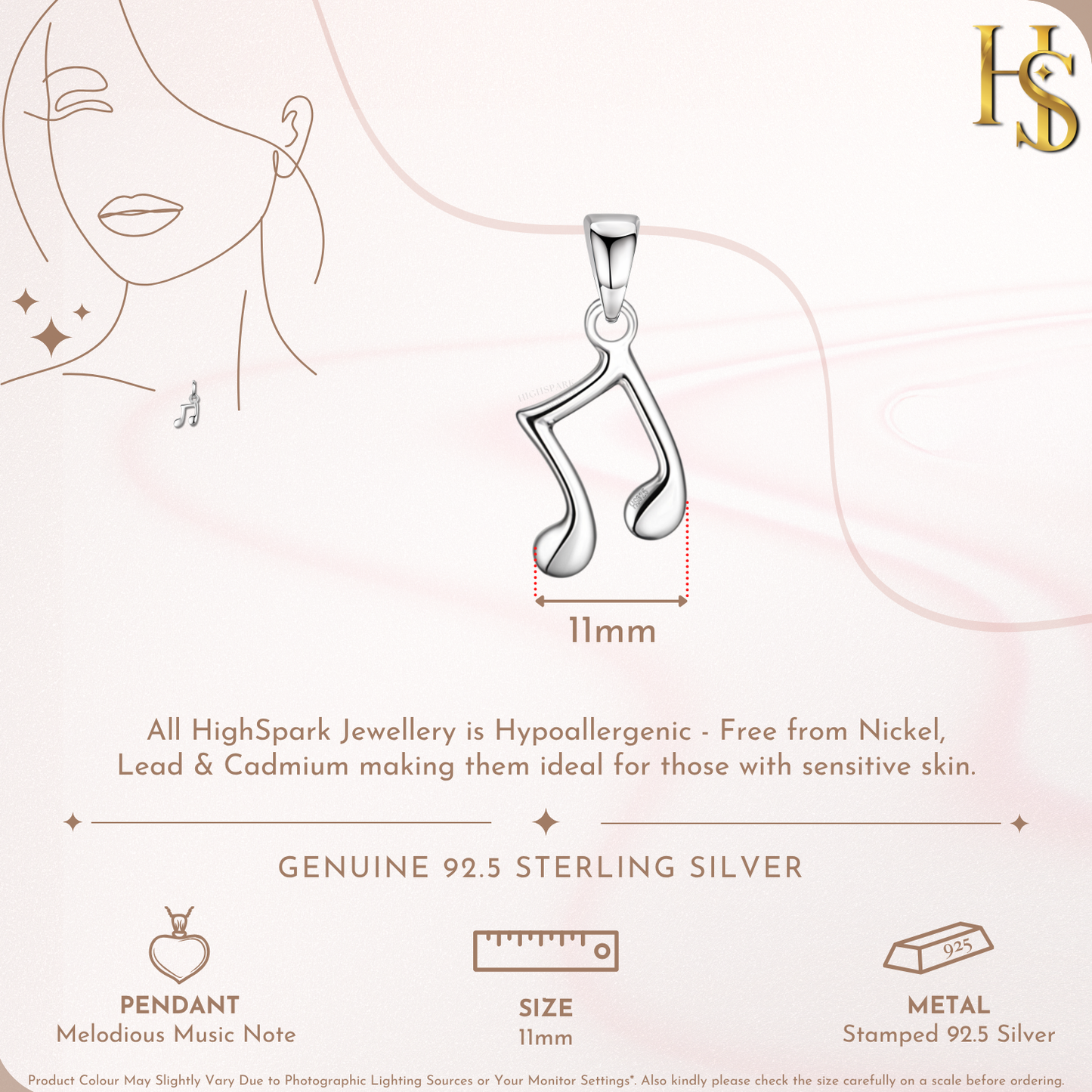 Music Note Pendant in 92.5 Sterling Silver For Women