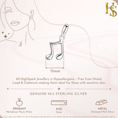 Music Note Pendant in 92.5 Sterling Silver For Women