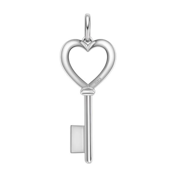 A sterling silver key pendant with a hollow heart-shaped bow and a simple bit, shown on a plain white background.
