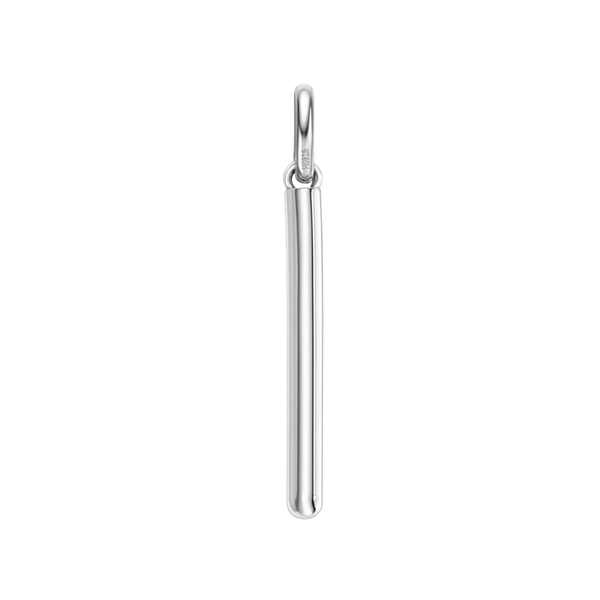 A minimalist long bar pendant with a polished finish, crafted from sterling silver and shown on a white background.