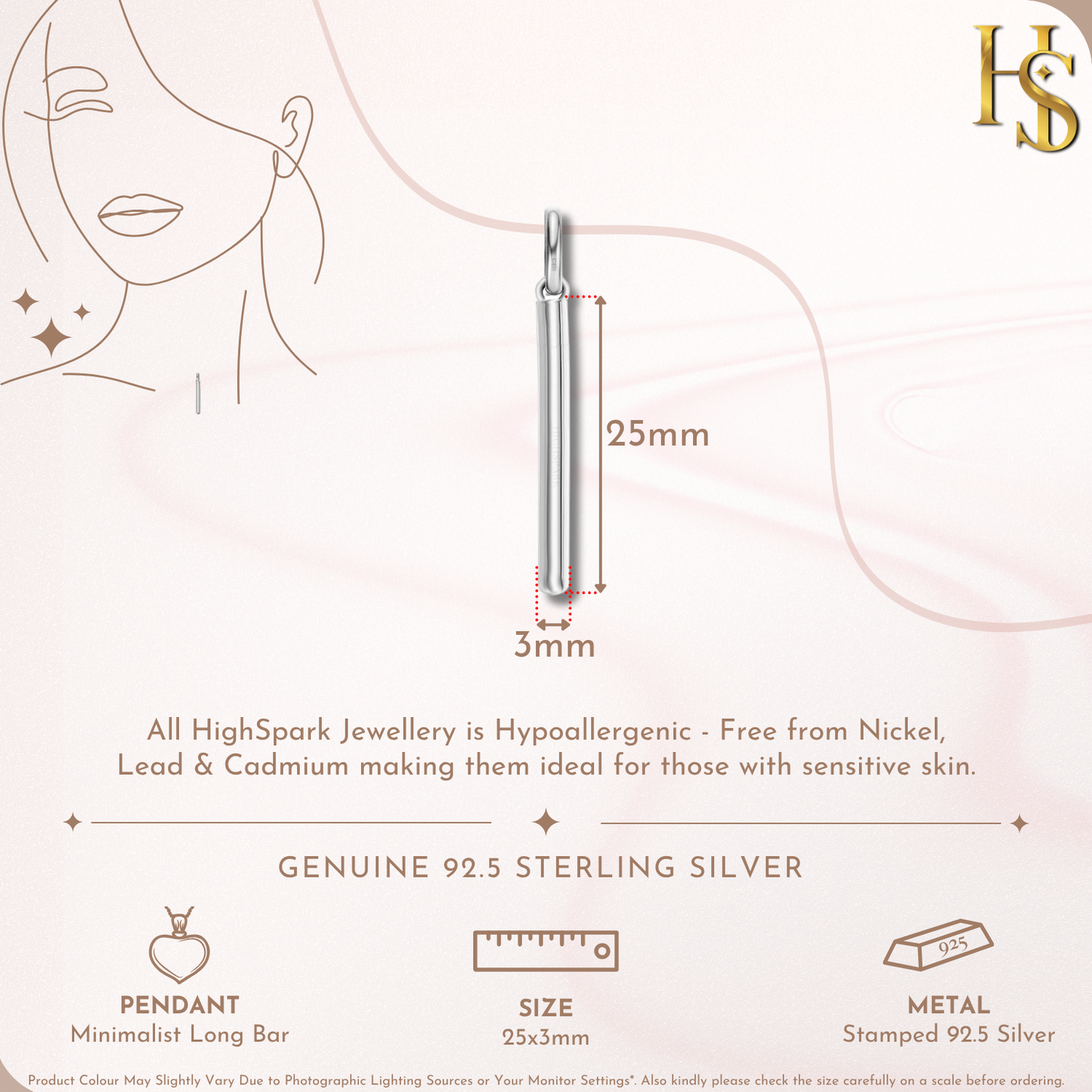 Minimalist Long Bar Pendant in 92.5 Sterling Silver For Women