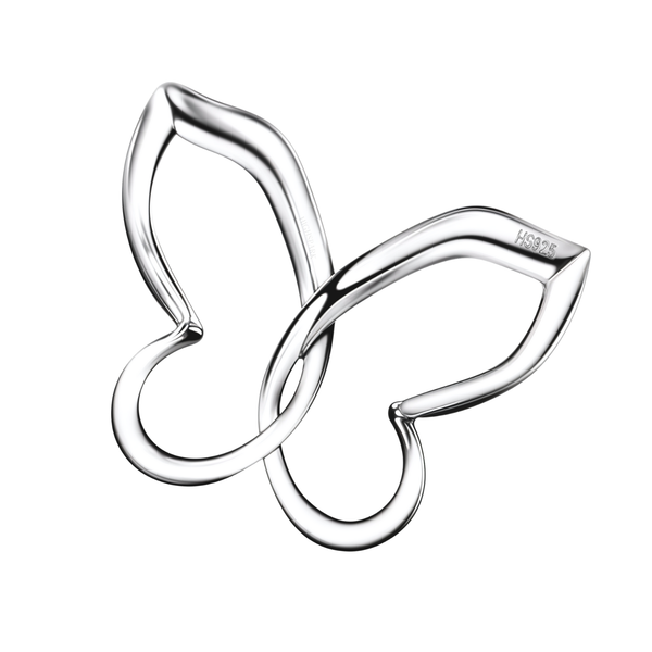 A minimalist butterfly pendant with open, heart-shaped wings, crafted from polished 925 sterling silver on a white background.