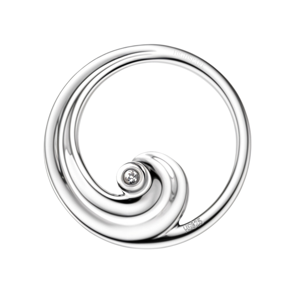 A sterling silver pendant in a circular shape with an ocean wave motif curling around a bezel-set American diamond, on a white background.