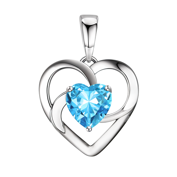 A sterling silver heart pendant with a swirling design holding a central, heart-shaped blue topaz in a three-prong setting.